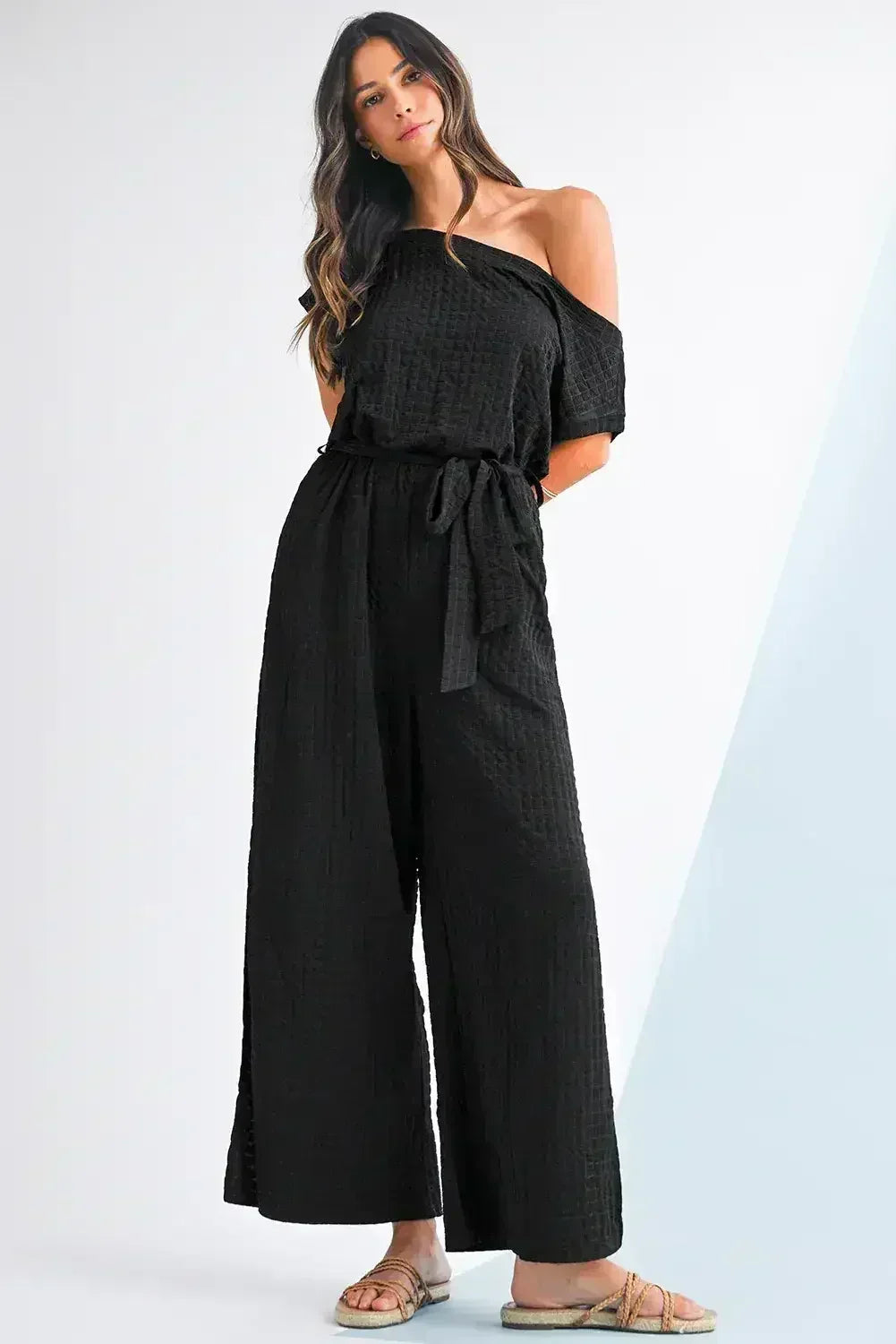 Black Checkered Mesh One Shoulder Short Sleeve Knotted Waist Jumpsuit