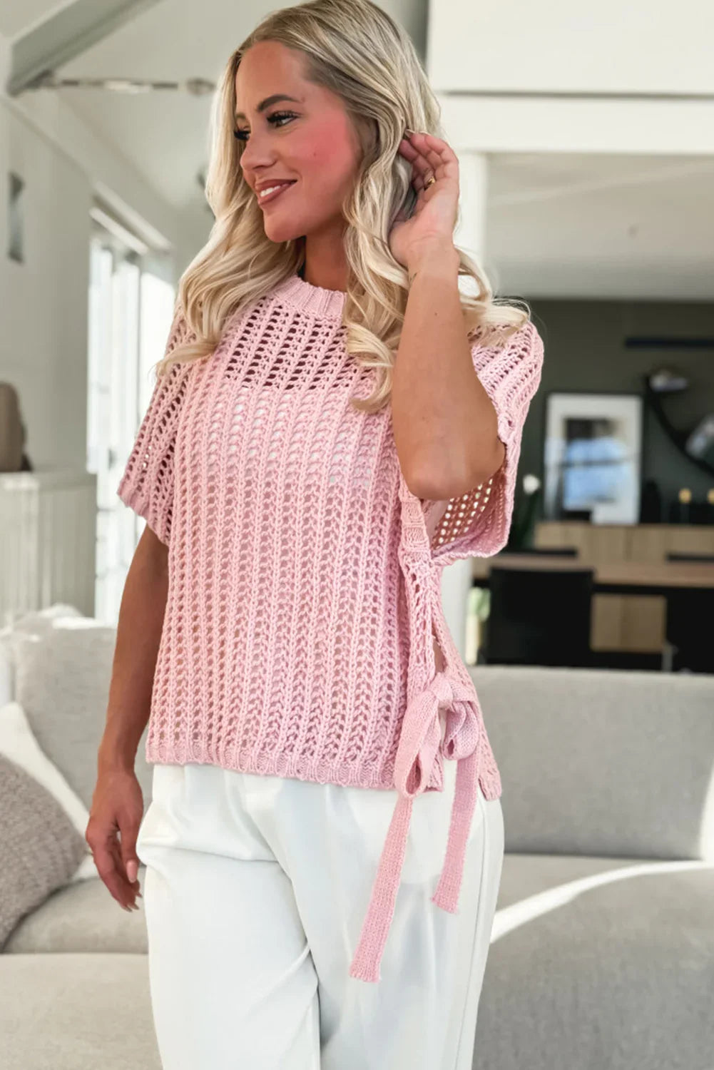Pink Side Tie Hollow-out Crochet Knit Top