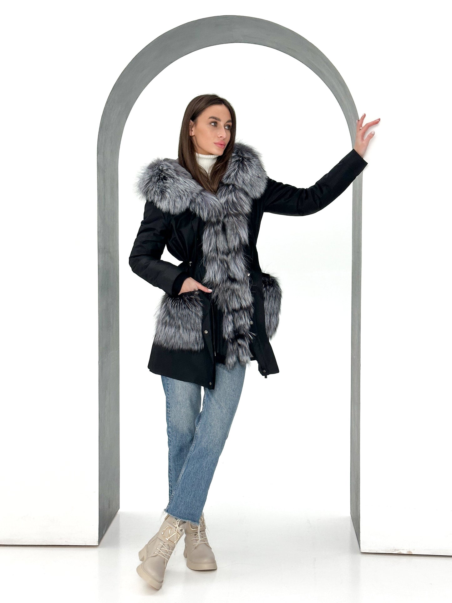 Roma Genuine Silver Fox Fur Rabbit Fur Insulated Parka in Red