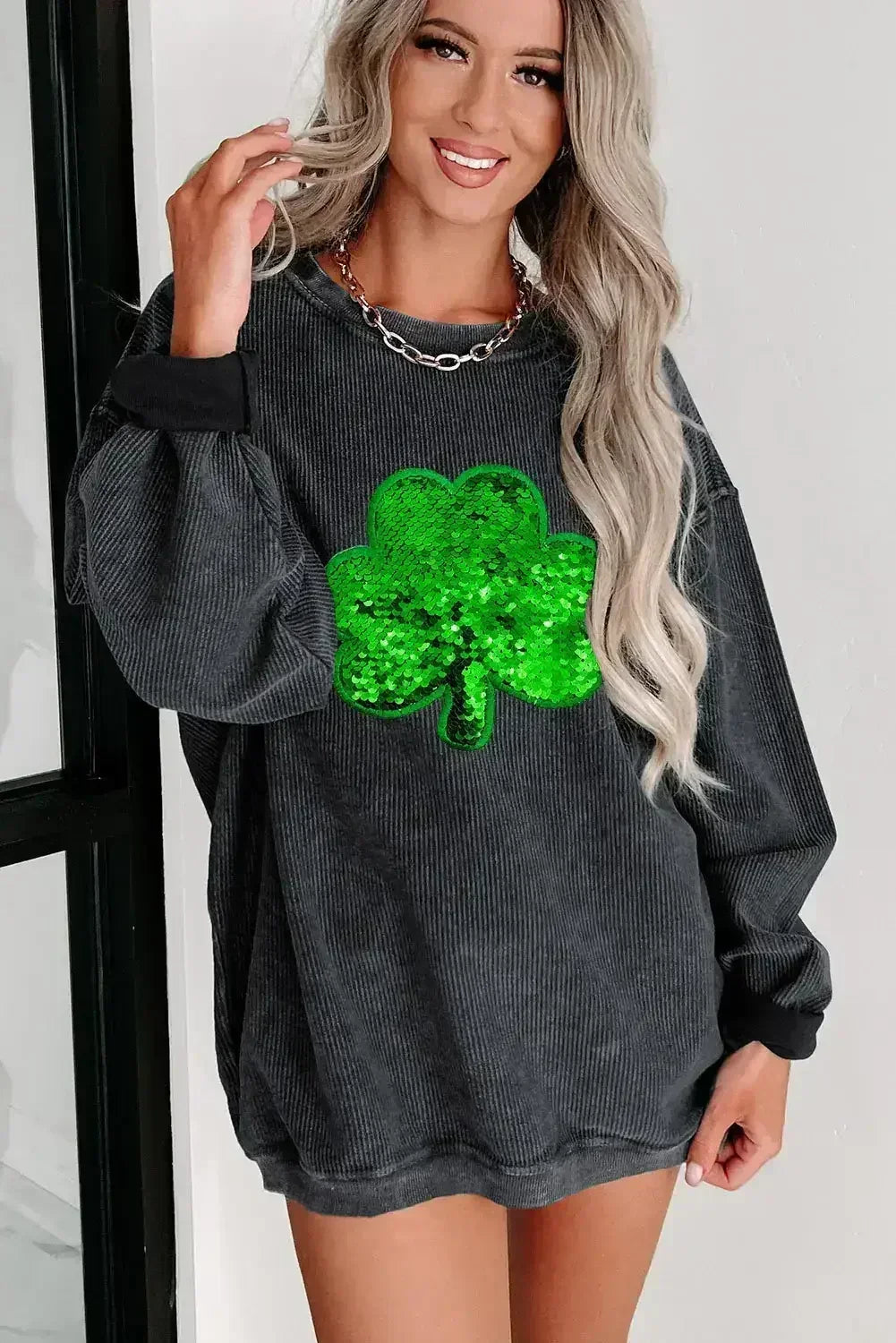 Black Sequin Embroidered Clover Corded Graphic Sweatshirt