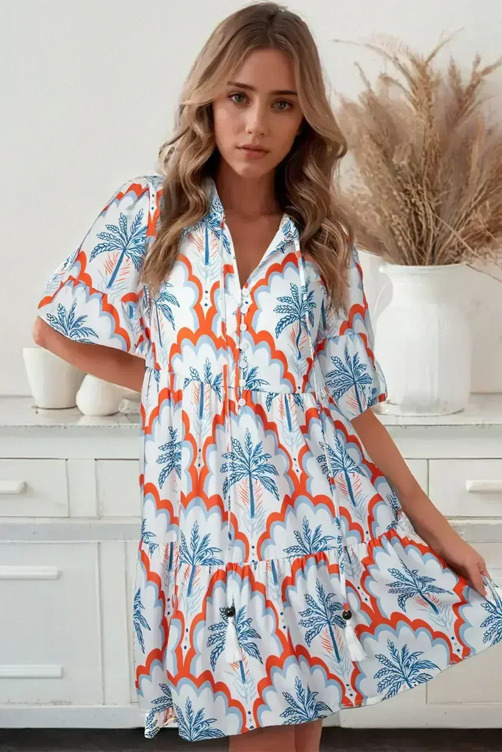 Orange Palm Tree Print Short Sleeve Flowy Dress