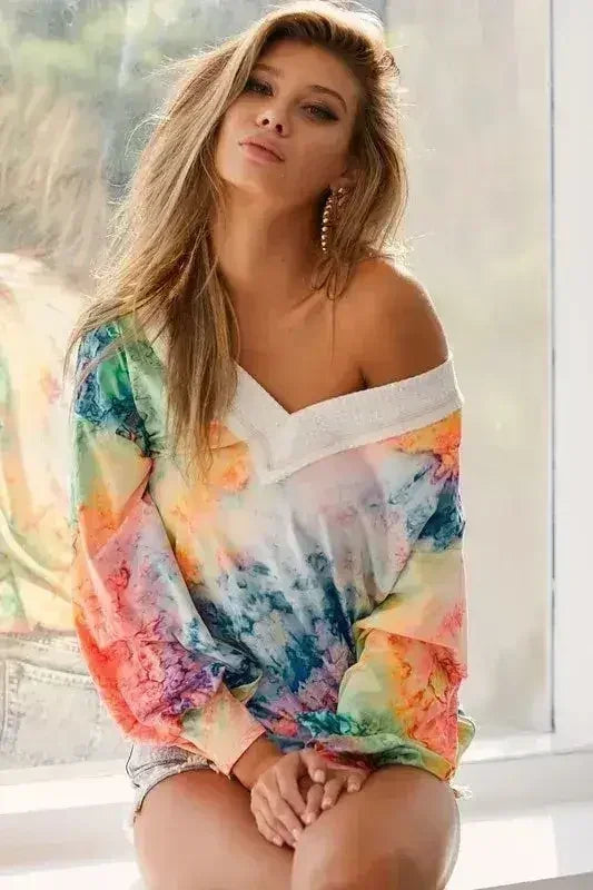 BiBi Tie Dye Soft Knit Jersey V-Neck Top | Femstylo