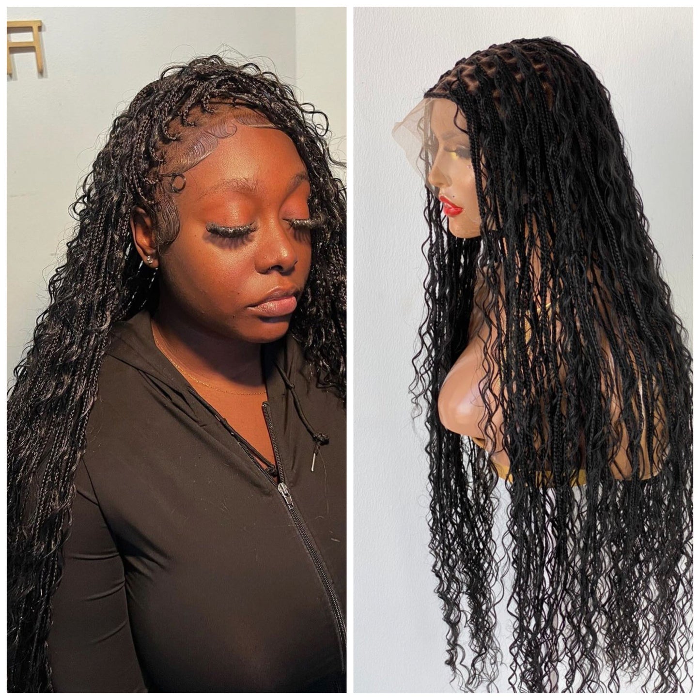 Bohemian Knotless Braided Wig, Swiss Full Lace, Black Color, Waist Length - READY TO SHIP