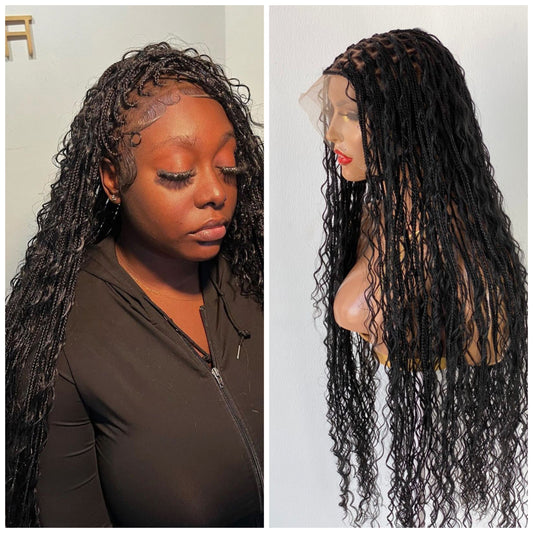 Bohemian Knotless Braided Wig, Swiss Full Lace, Black Color, Waist Length - READY TO SHIP