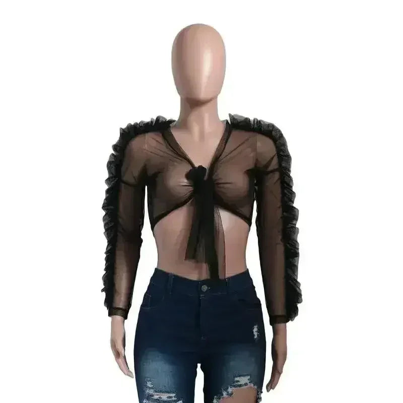 Black gothic style woven crop top women Sexy transparent club