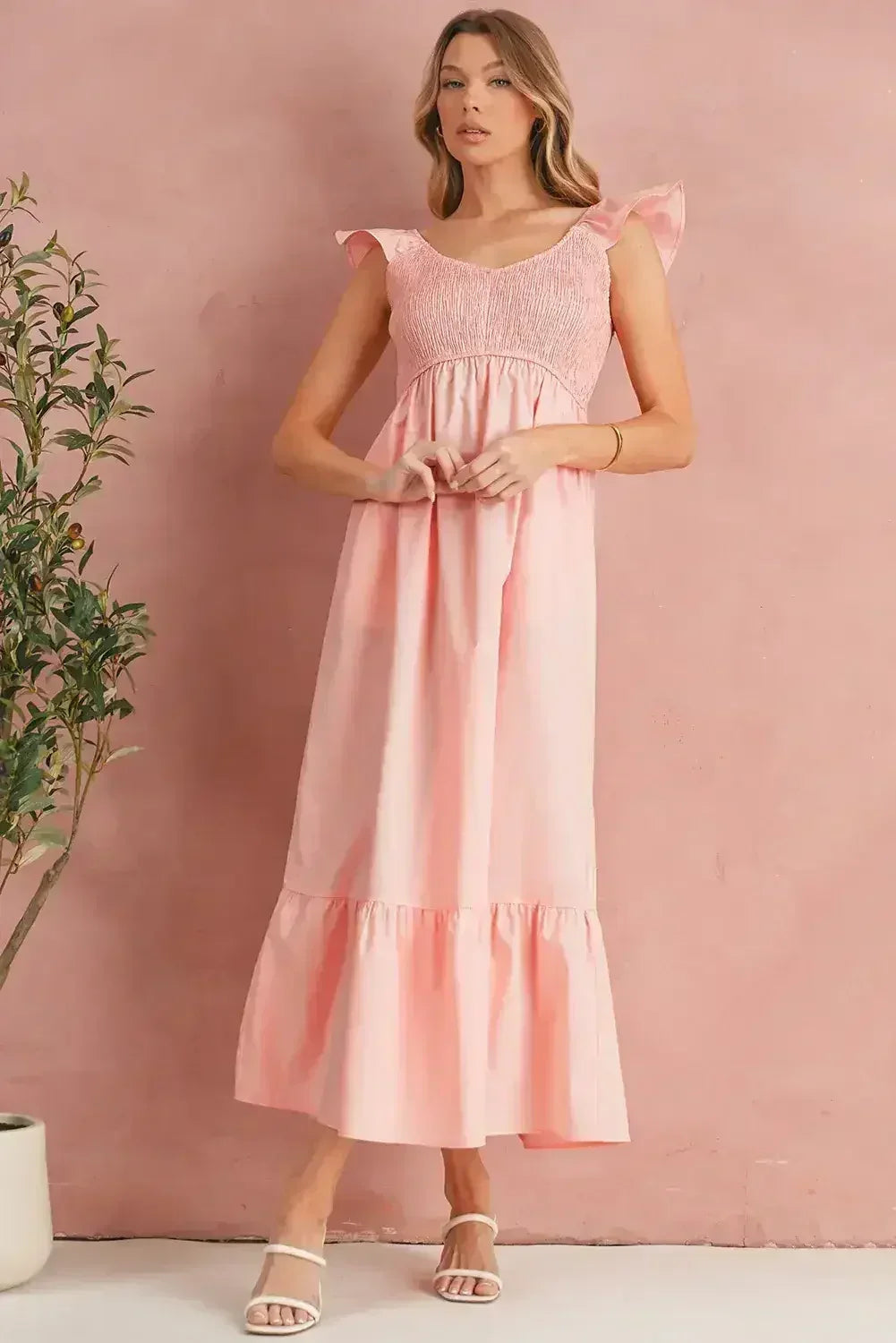 Black V Neck Flutter Sleeve Smocked Bodice High Waist Ruffle Maxi Dress