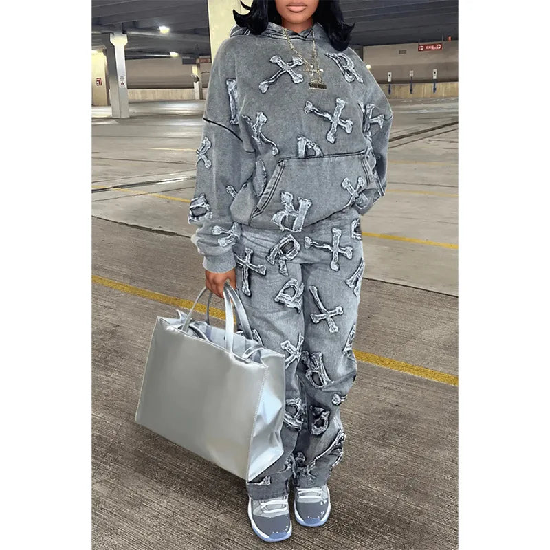 Fitness Women 2 Piece Set Fake Denim Printed Baggy Hoodies Jogging Pants Matching Set 2023 Fall Winter Outfits Sporty Tracksuits