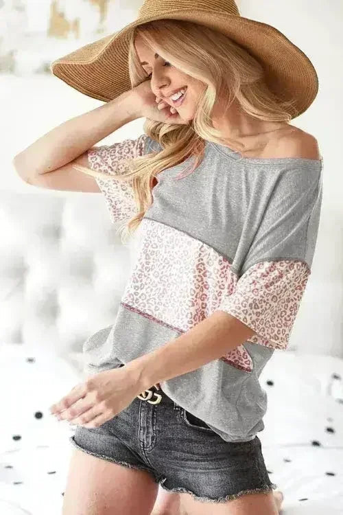 BiBi Triblend Knit with Leopard Block Out Stitching