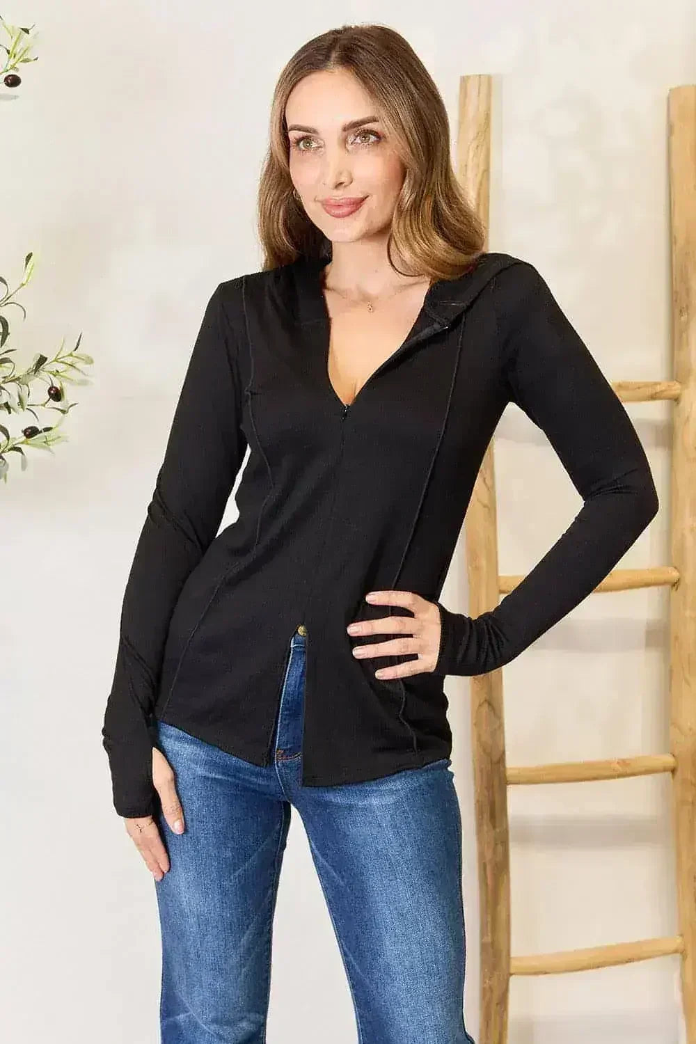 Black Exposed Seam Hoodie - Edgy Long Sleeve Design | Femstylo