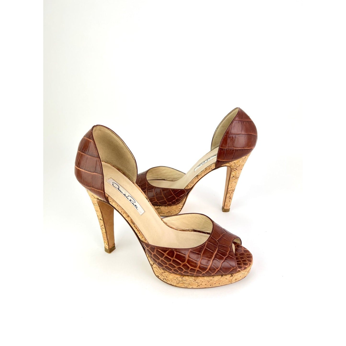 Oscar de la Renta Peep Toe Crocodile Cork Heel Shoe