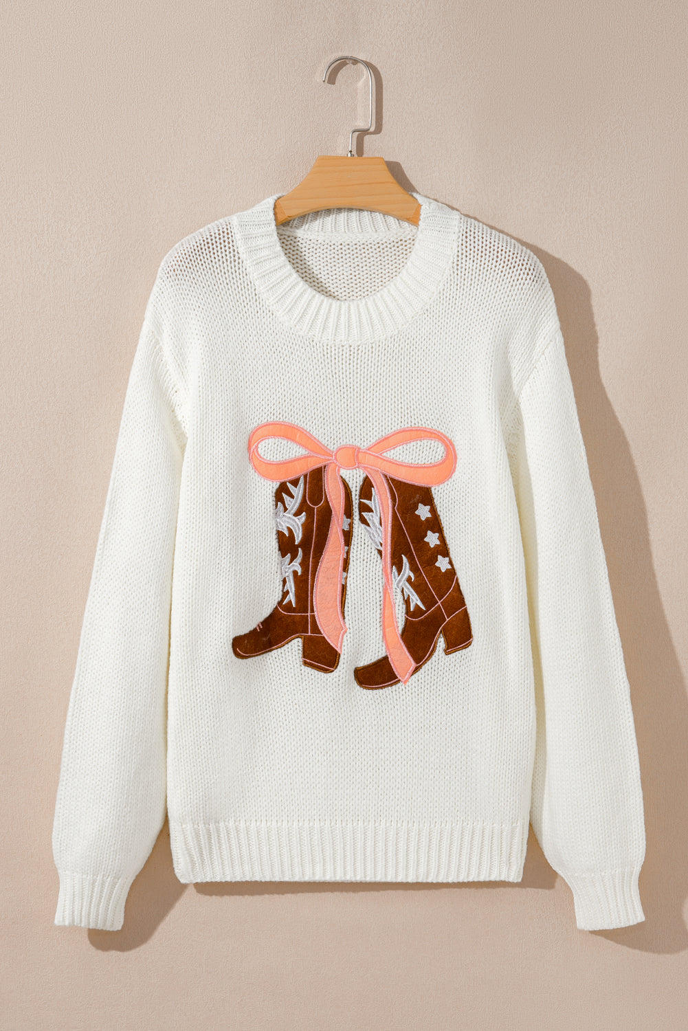 White Embroidered Bow Graphic Drop Shoulder Sweater