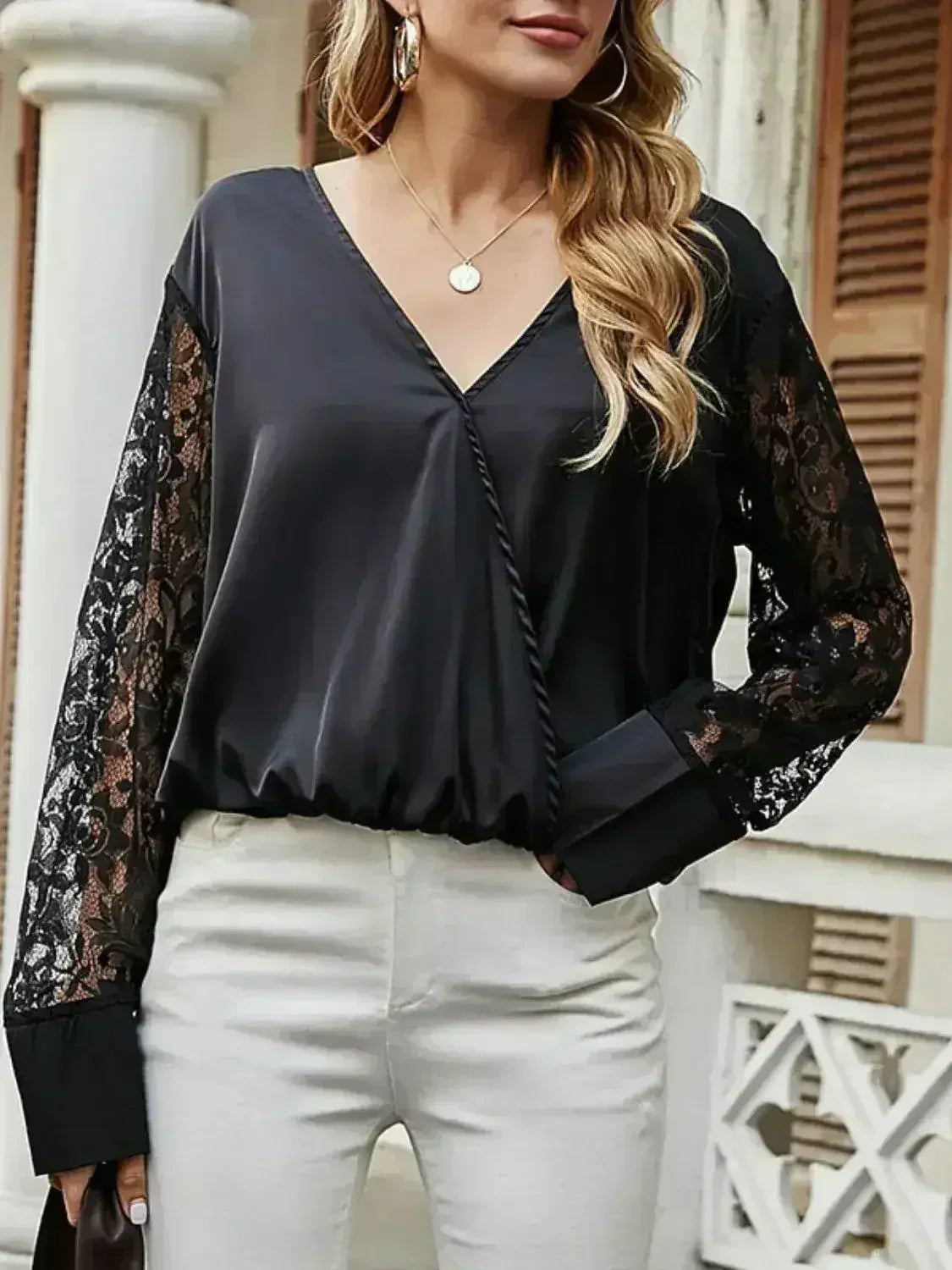 Black Surplice Lace Long Sleeve Blouse | Femstylo