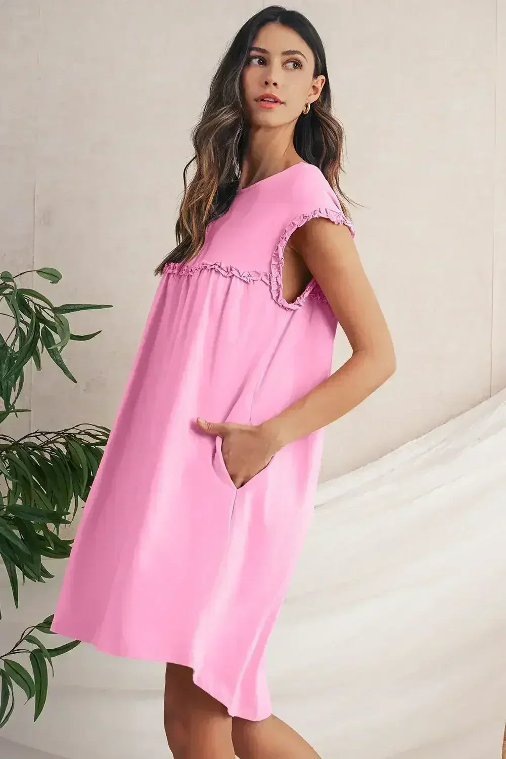 Oatmeal Frilled Trim Crewneck Loose Fit Mini Dress