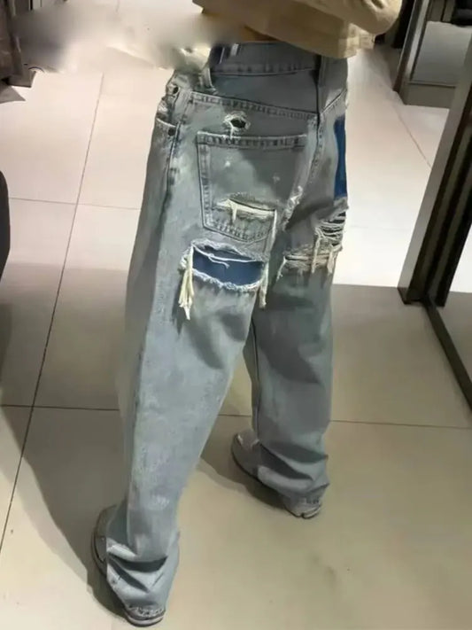 Jeans For Women 2024 Denim Solid Loose Zipper Fly Female Hole Trouser Pockets Wild Basic Commute Woman Wide Leg Long Pant