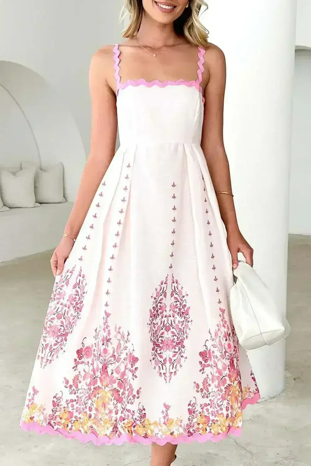 Pink Floral Ric Rac Spaghetti Strap Backless Dress