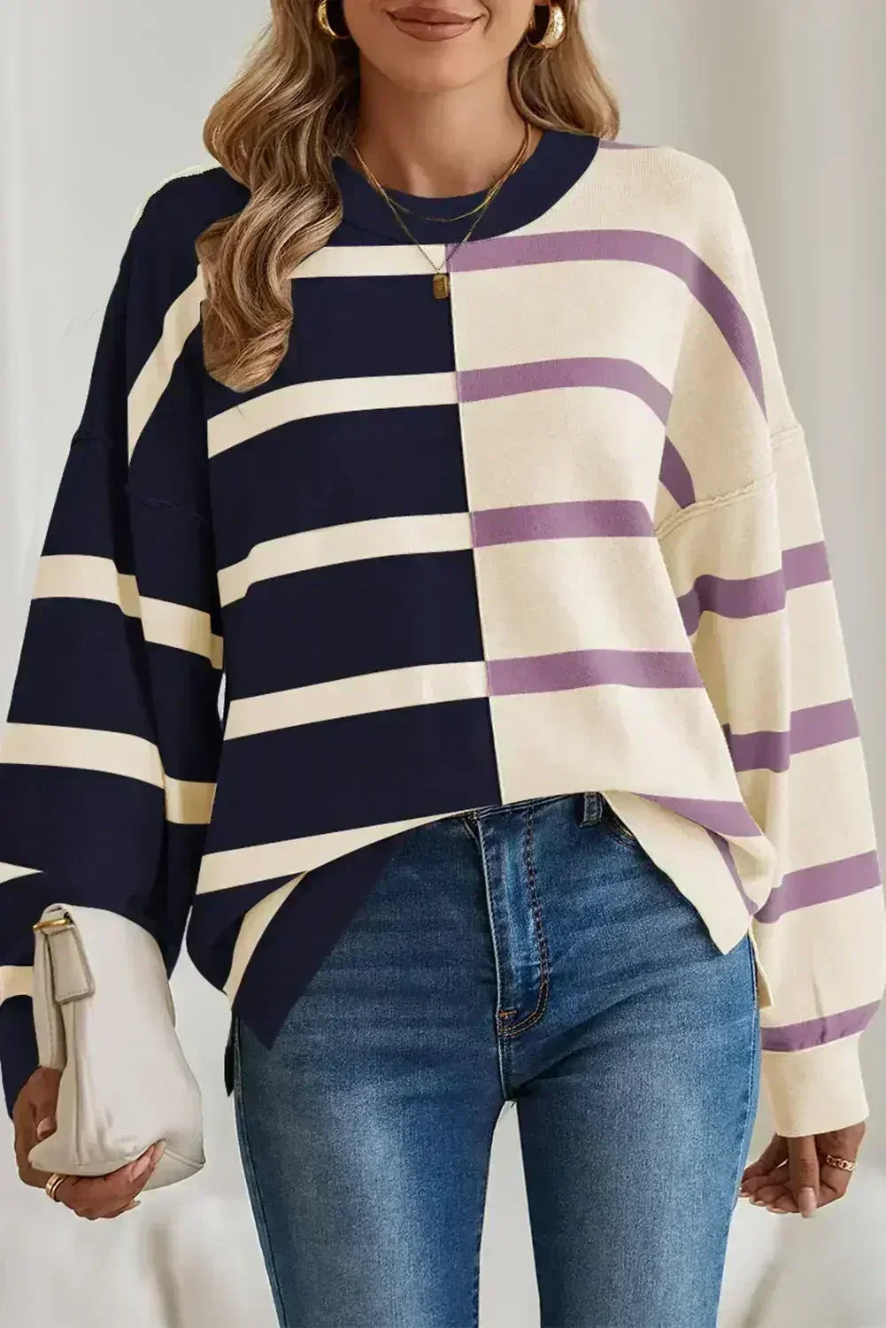 Pink Striped Patchwork Drop Shoulder Sweater