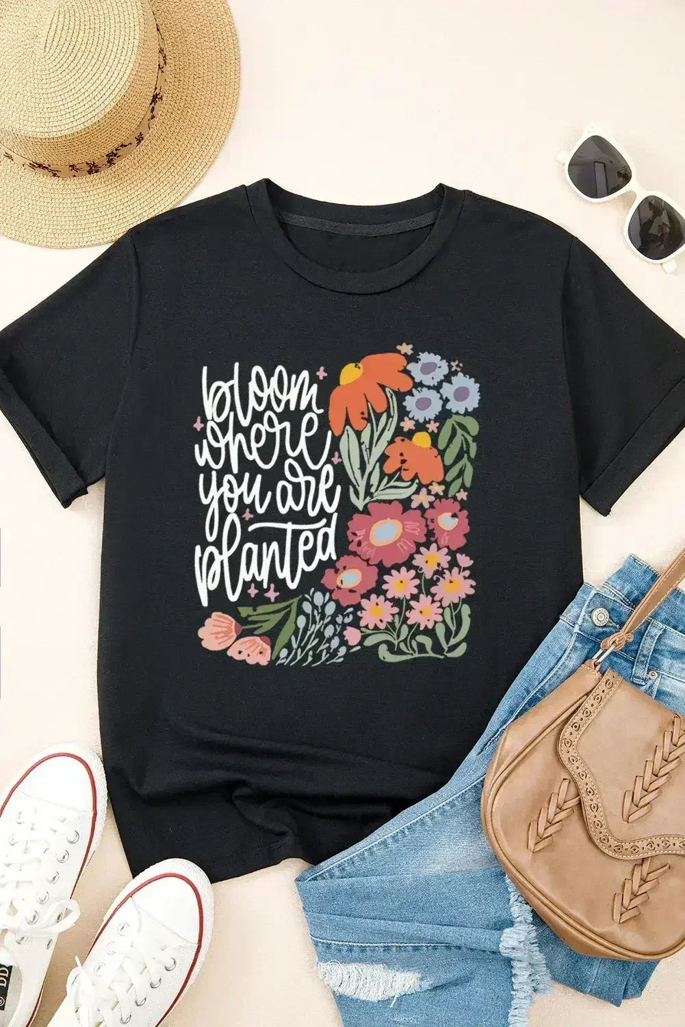 Black bloom where you are planted Floral Printed T Shirt