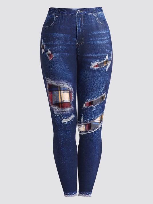 Plus Size Womens Suit Hooded Sweatshirts Colorblock Plaid Print Hoodie Drawstring Textured Tops Imitation Denim Pants Set L-5XL