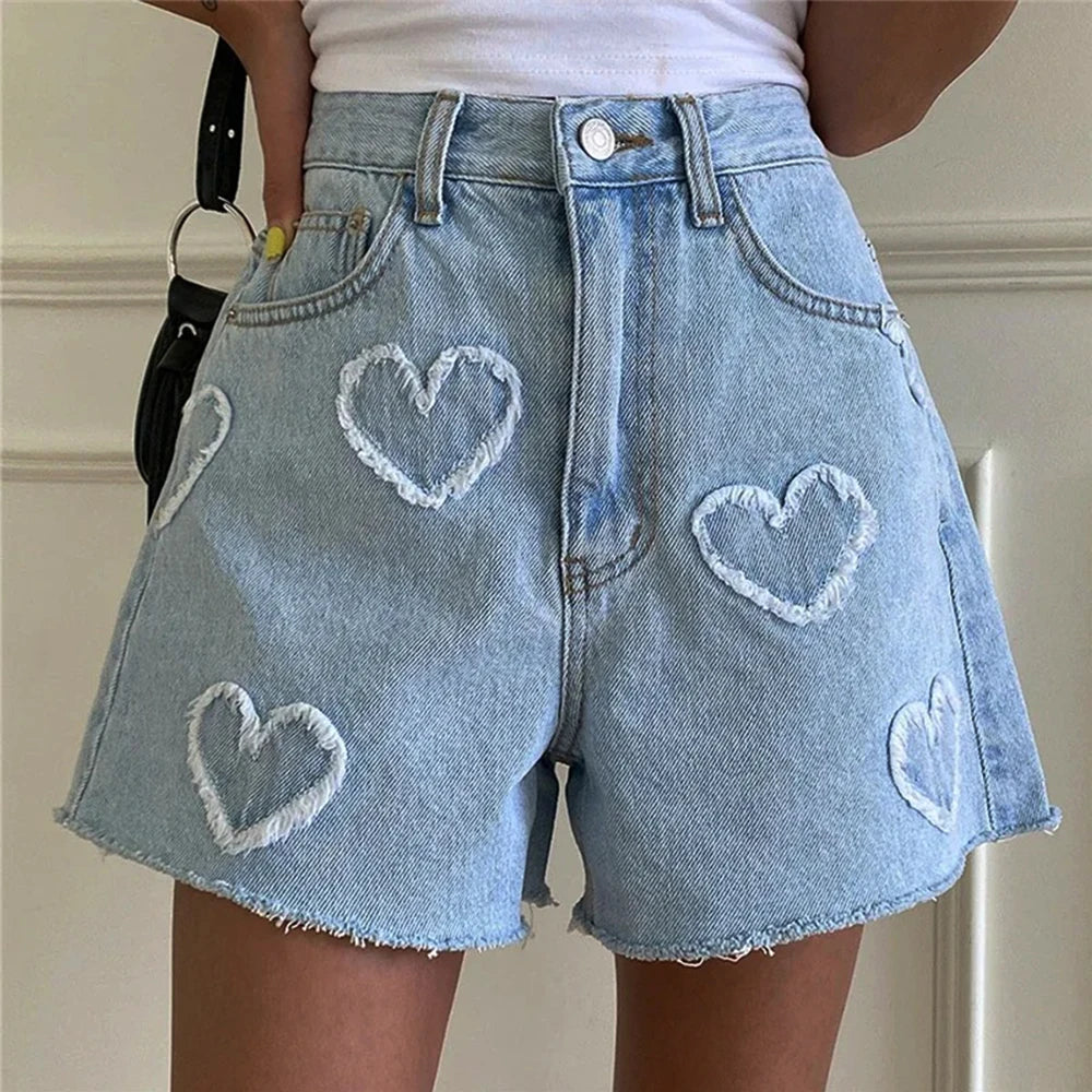 Korean Summer Y2K High Waist Jorts LOVE Heart Shaped Pattern Women's Denim Shorts Casual Jeans Chic Straight Washed Hot Pants