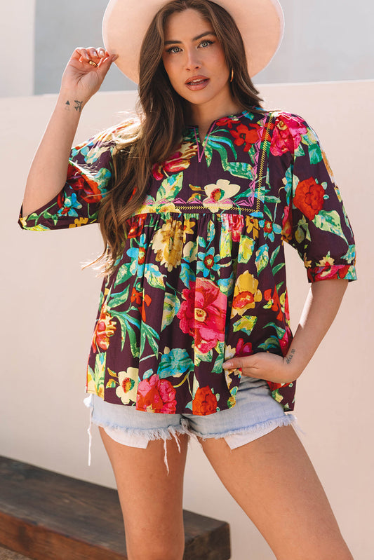 Adhara Flower Embroidered Trim Half Sleeve Blouse