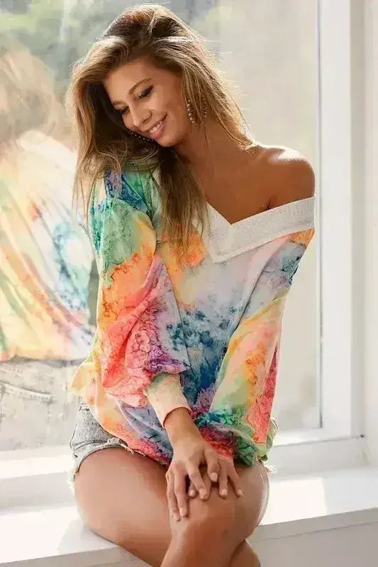BiBi Tie Dye Soft Knit Jersey V-Neck Top | Femstylo