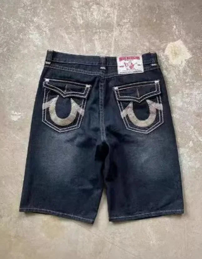 Women's retro Summer casual Buddha statue denim shorts Y2K sexy hot pants high waisted pocket embroidered street mini shorts