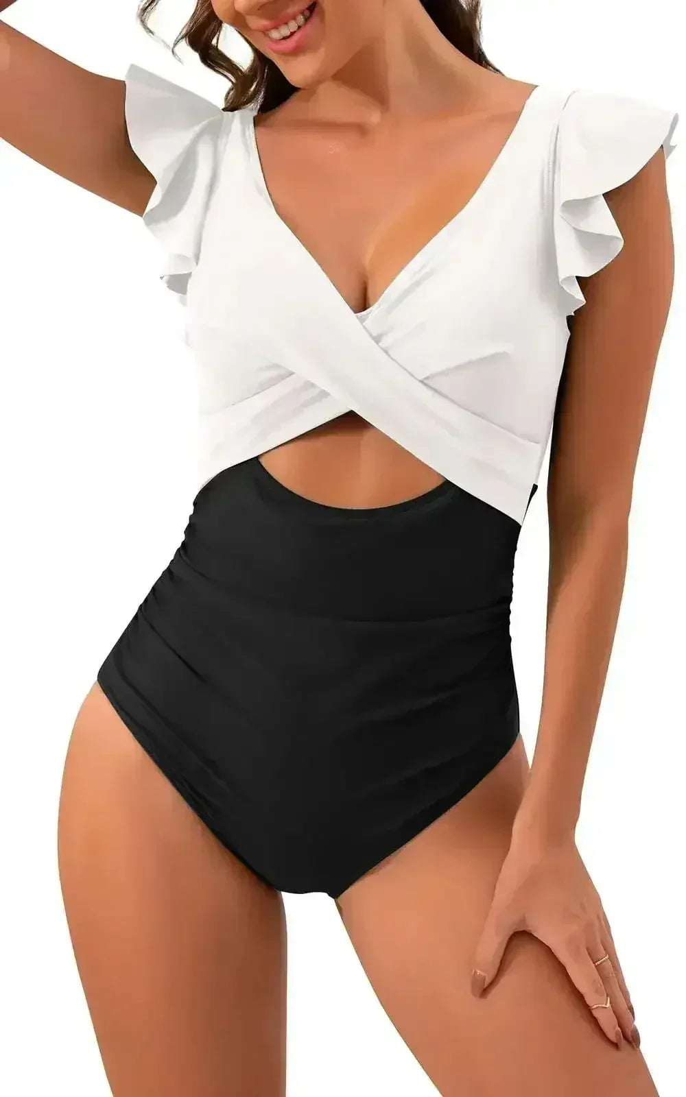 Black Color Block Cut Out Criss Cross One Piece Swimsuit