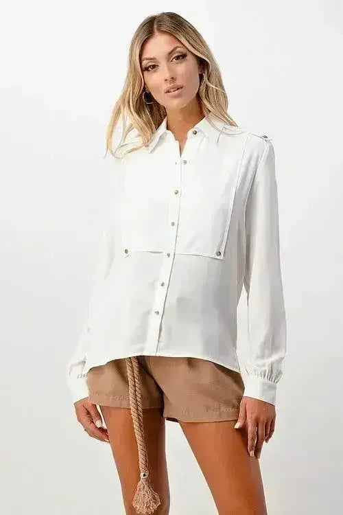 Oversized Military Blouse – Gold Button Long Sleeve Top | Femstylo