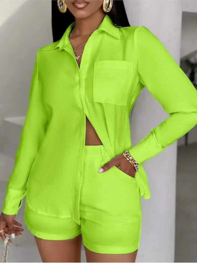 Fashion Two Piece Outfits Women's Turn-down Collar Pocket Design Button Shirt Top & Shorts Set New Summer Women Solid 2pcs Sets