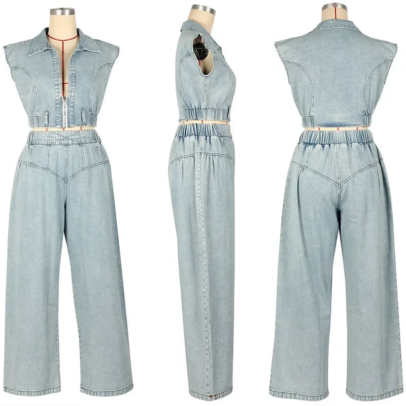 Streetwear Denim Set Women 2 Piece Set Outfit Jean Zipper Turn-down Collar Cropped Top and Loose Wide Leg Pants Matching Sets