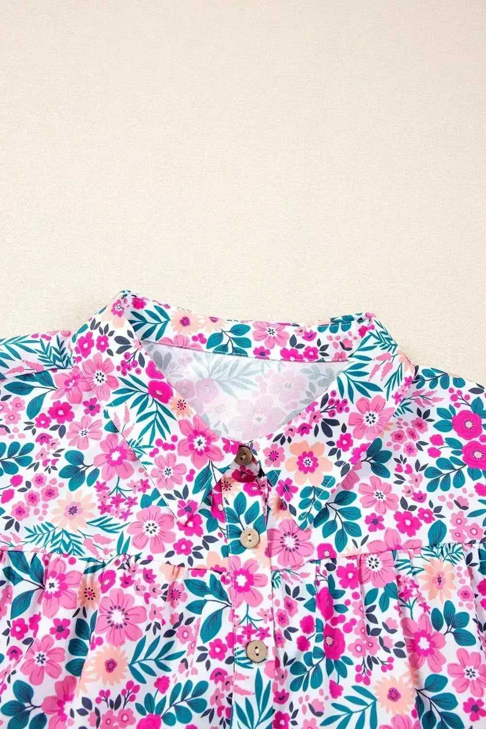 Pink Plus Size Floral Half Button Puff Sleeve A Line Dress