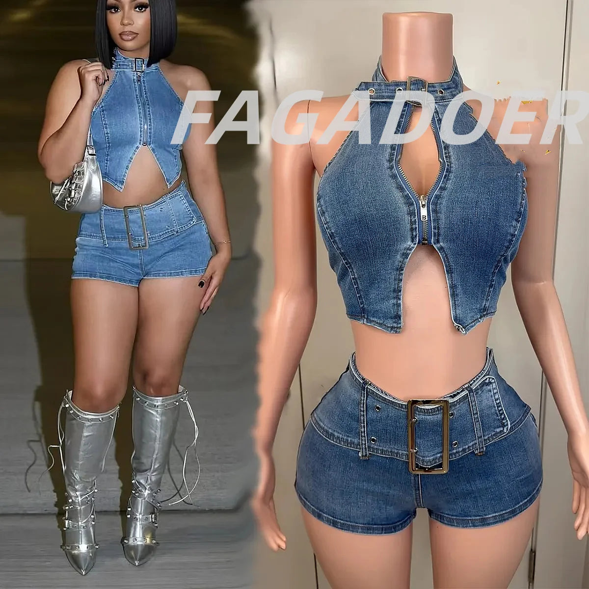 FAGADOER Y2K Sexy Denim 2 Piece Sets Woman Outfit Zipper Sleeveless Backless Halter Crop Top and Shorts Suits Female Streetwear