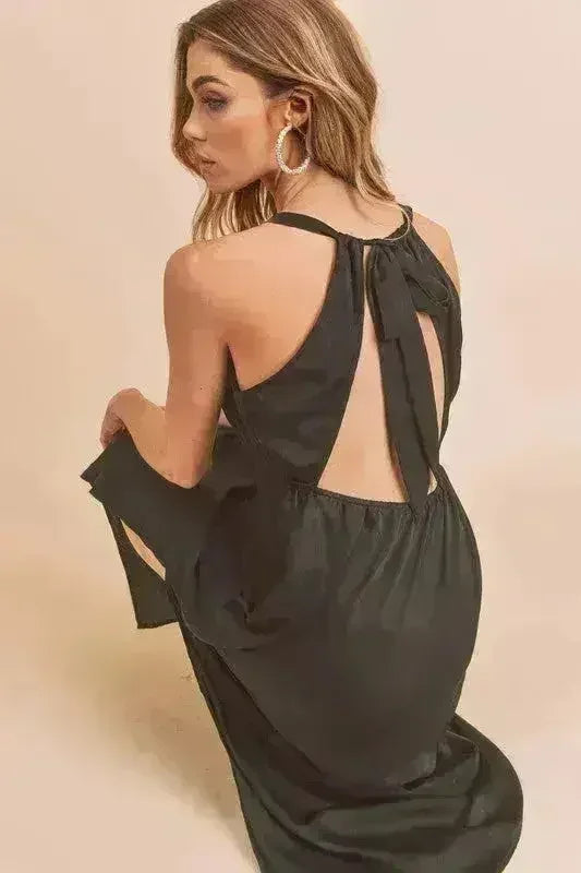Aemi + Co Ruched Side Slit Cutout Back Maxi Cami Dress
