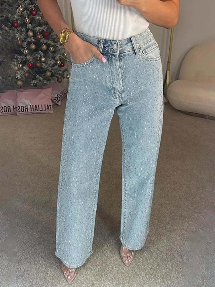 Y2k Women Shiny Rhinestone Denim Pants Wide Leg Straight Full Diamond Jeans for Female Dragging High Street Outwear Trousers