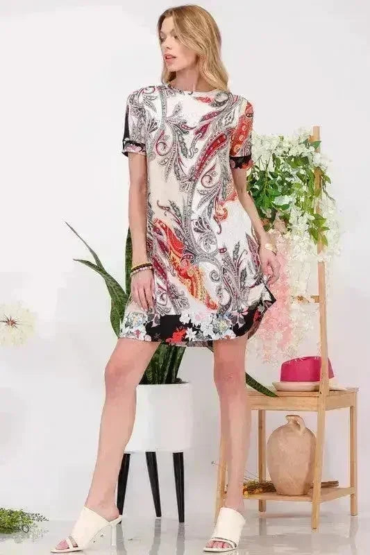 Paisley Print Short Sleeve Mini Dress with Pockets - Femstylo