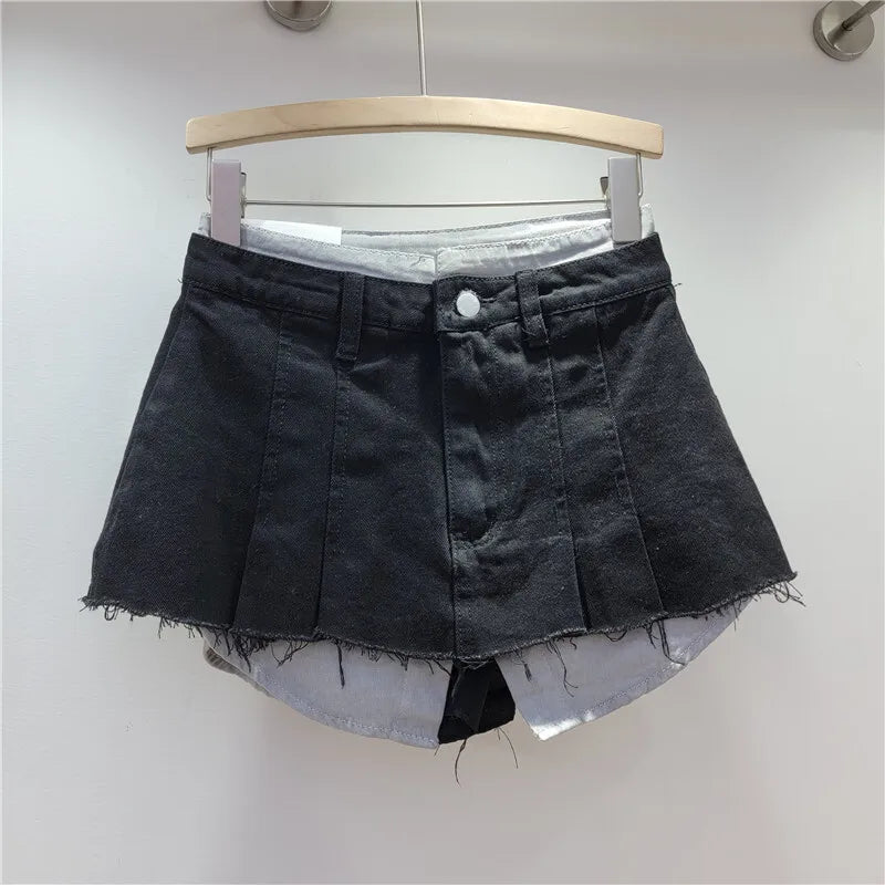 WTHT New Fashion Women's Irregular Fake Two-piece A-line Mini Denim Skirts 2024 Autumn Trendy High Waist Skirt Female 1LS099