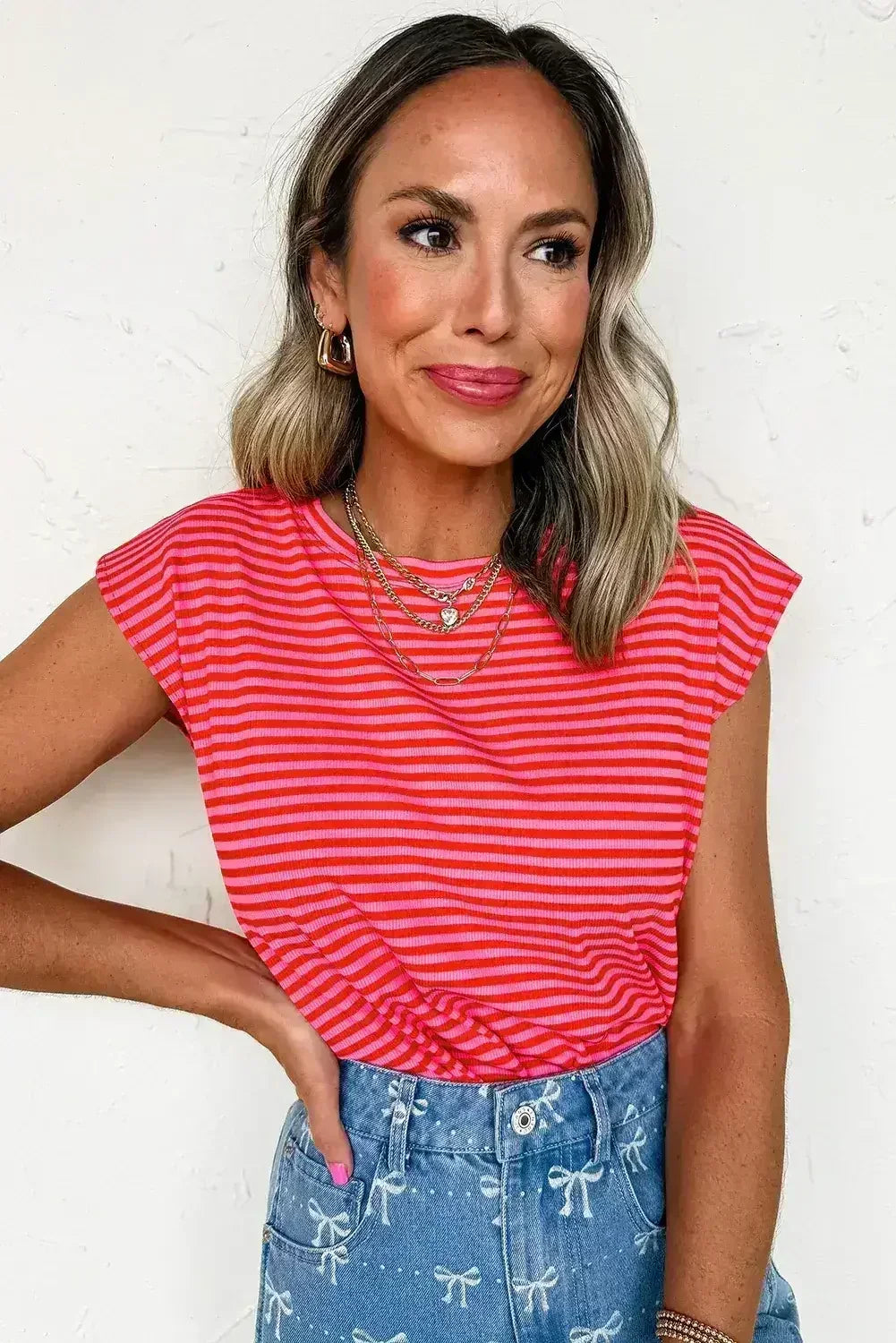 Black Stripe Ribbed Cap Sleeve Round Neck T Shirt