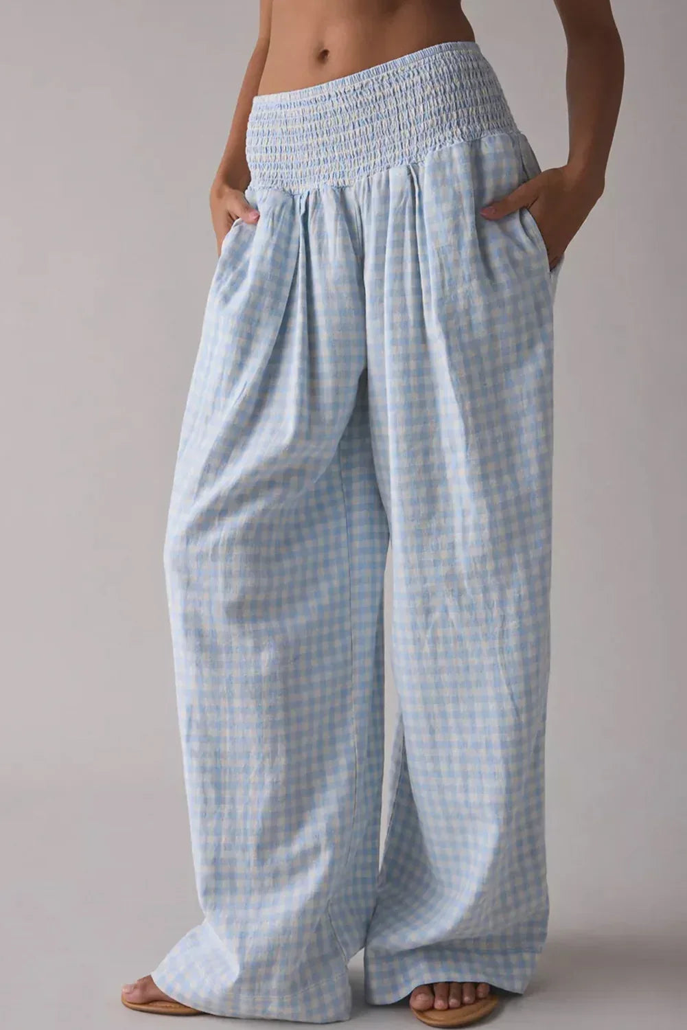 Myosotis Gingham Smocked High Waist Loose Pants
