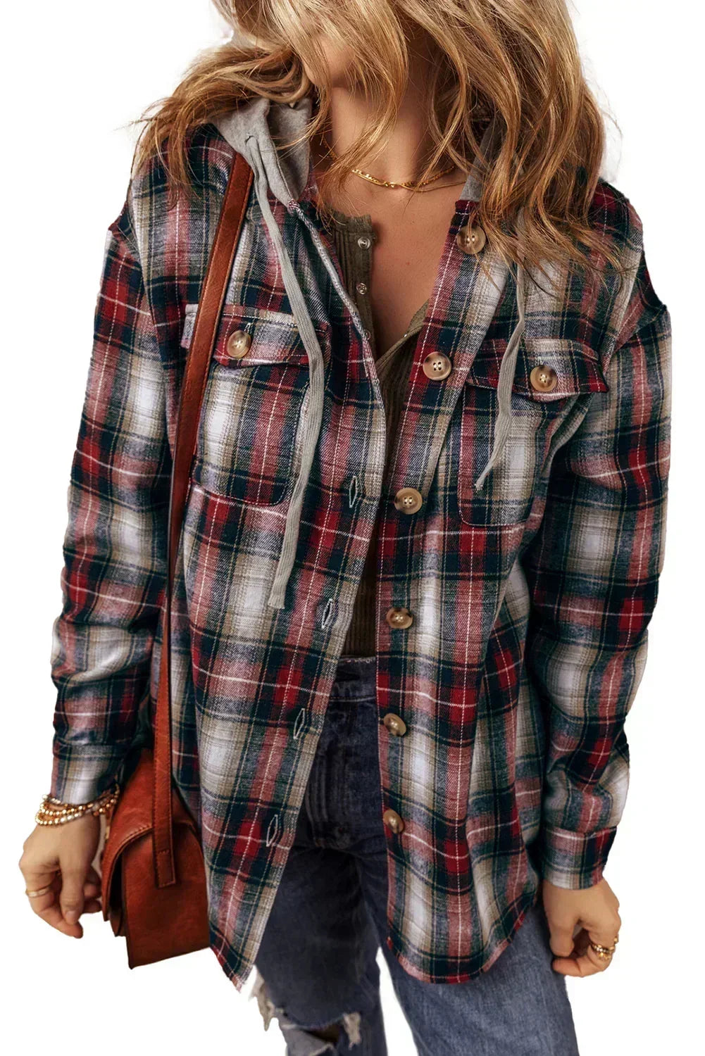 Plaid Hooded Shacket - Red Buffalo Check - Button-Up Overshirt Jacket