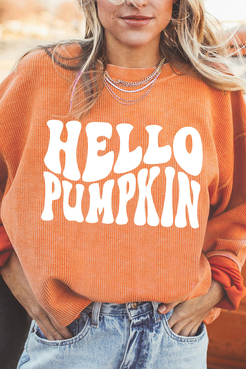 Orange Hello Pumpkin Letter Graphic Corded Sweatshirt