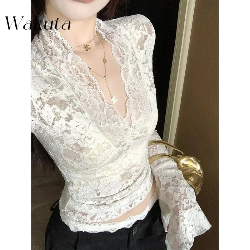 WAKUTA Sexy Lace Shirt V-neck Long-sleeved Outwear Tops Fall Short Tight Design Pure Desire Hottie Inner Pullovers Кофта Женская