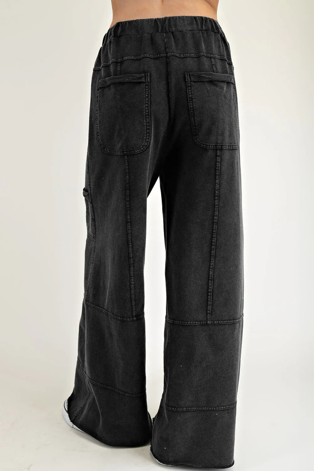 Black Mineral Wash Exposed Seam Wide Leg Cargo Pants