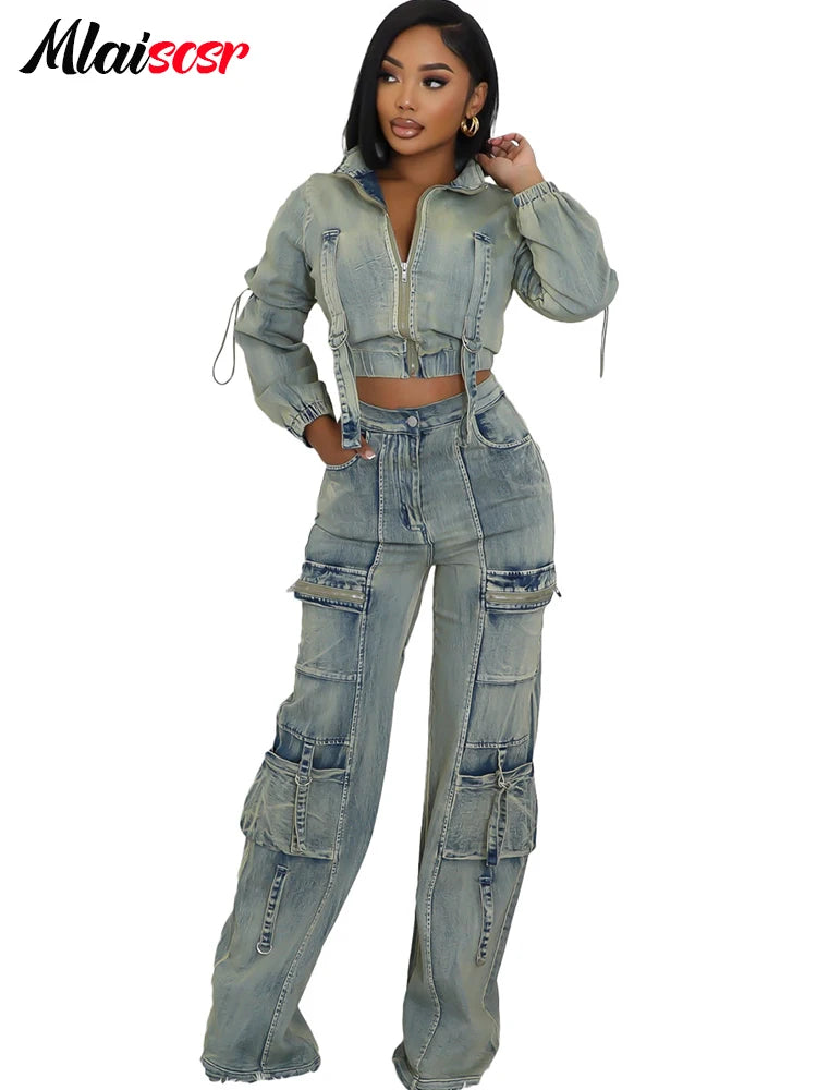 Mlaiscsr Vintage Stretch Denim 2 Piece Pants Sets Women Zip Slim Jackets and Pocket Cargo Jeans Outfit Streetwear Winter Suits