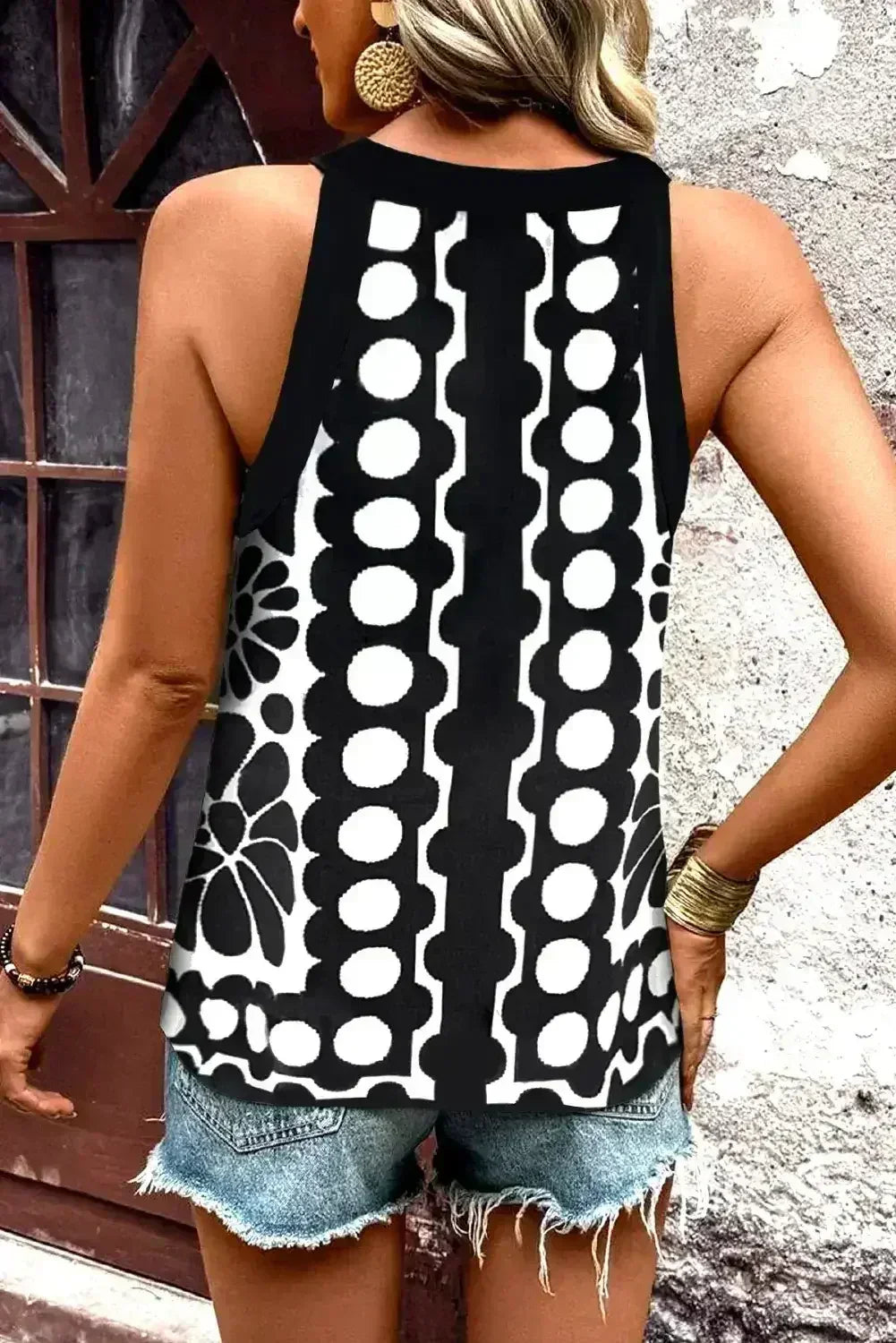 Black Geometric Print Sleeveless Top