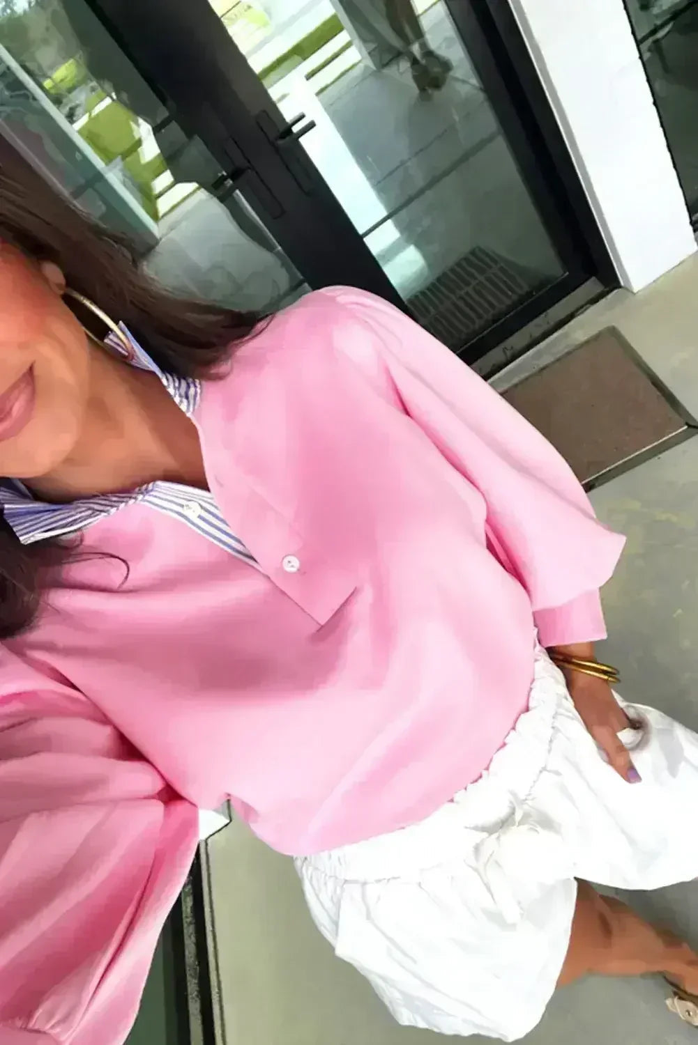 Bonbon Striped Collar Puff Sleeve Sweatshirt