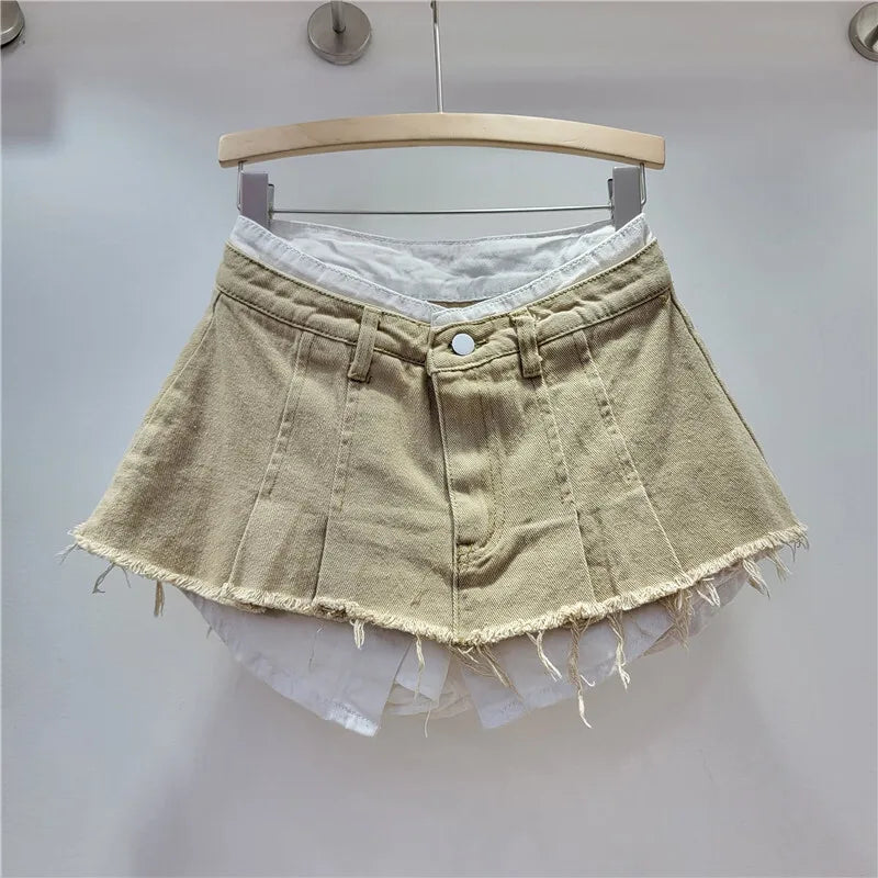 WTHT New Fashion Women's Irregular Fake Two-piece A-line Mini Denim Skirts 2024 Autumn Trendy High Waist Skirt Female 1LS099