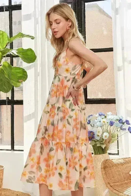 ADORA Floral Smocked Back Dress – Adjustable Strap Midi