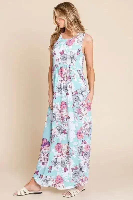 BOMBOM Floral Round Neck Sleeveless Maxi Dress with Pockets