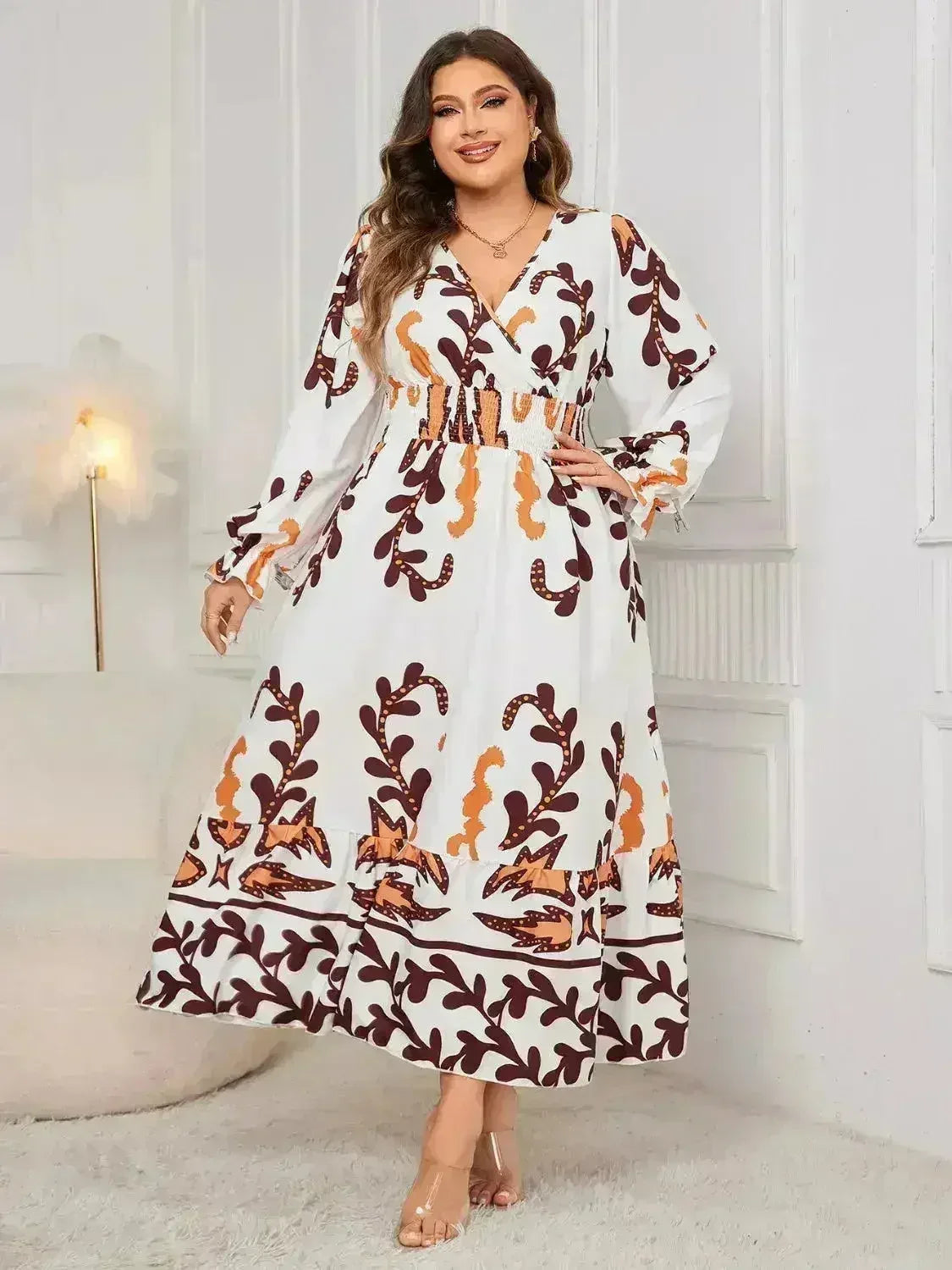 Plus Size Surplice Dress - Flounce Sleeve & Ruffled Hem | Femstylo