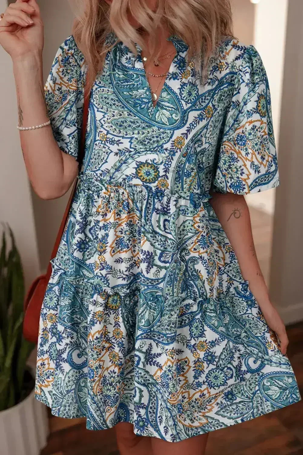 Blue Bohemian Paisley Floral V Neck Puff Sleeve Mini Dress